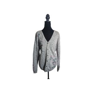 Vintage Northern Reflections Large Gray Cardigan with Embroidered Floral Whimsy